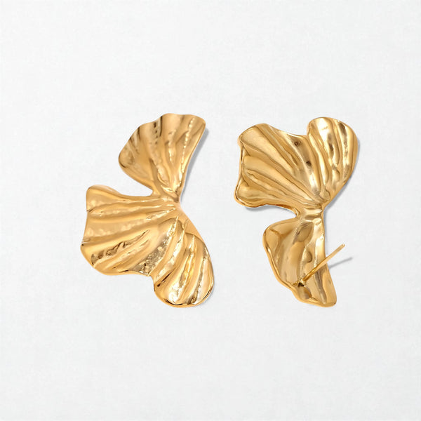 Pair of Daphne folded leaf statement studs in 18K gold-plated waterproof stainless steel, with ridged, fan-shaped petals