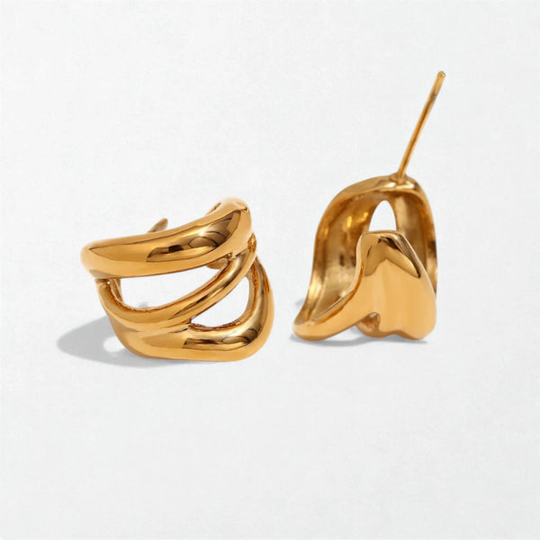 Pair of Mira linear triple hoop earrings in 18K gold-plated waterproof stainless steel, one shown front-on and one from the side