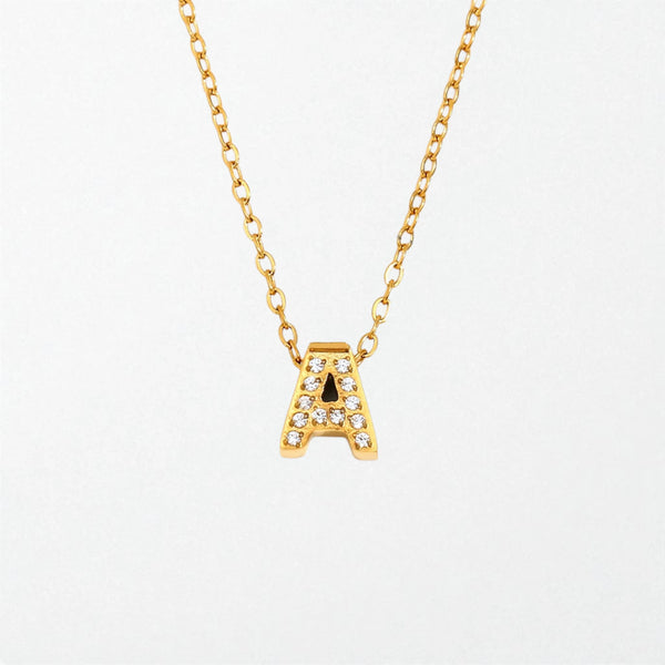 Bella mini pave initial necklace in 18K gold-plated waterproof stainless steel, with a gold letter A set with small crystals