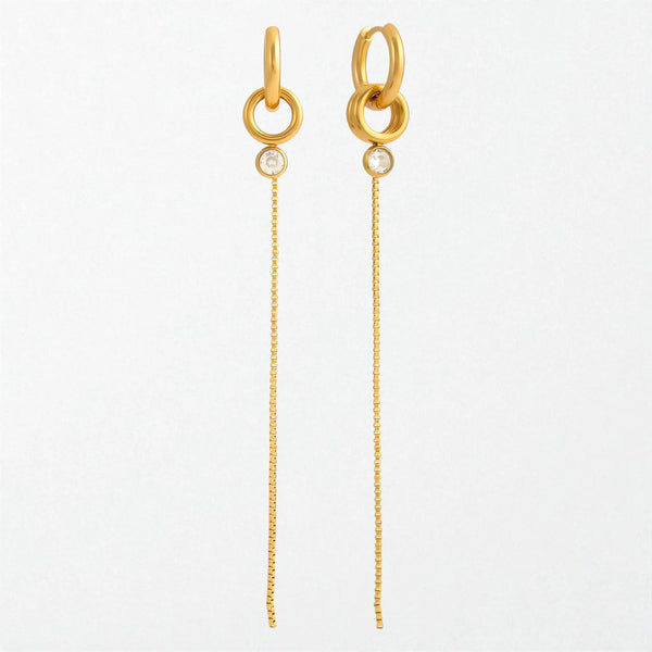 Pair of Iris modern crystal linear drop earrings in 18K gold-plated waterproof stainless steel, linked rings and a crystal above a long chain