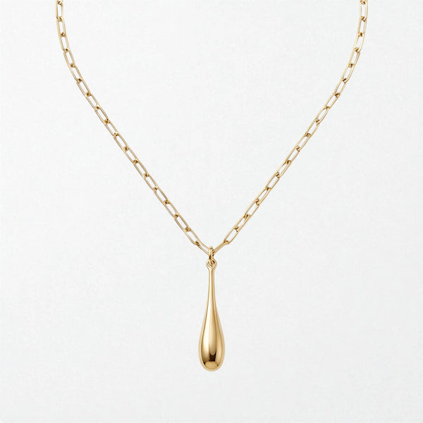 Gold teardrop pendant necklace on white background showing 55.0cm chain