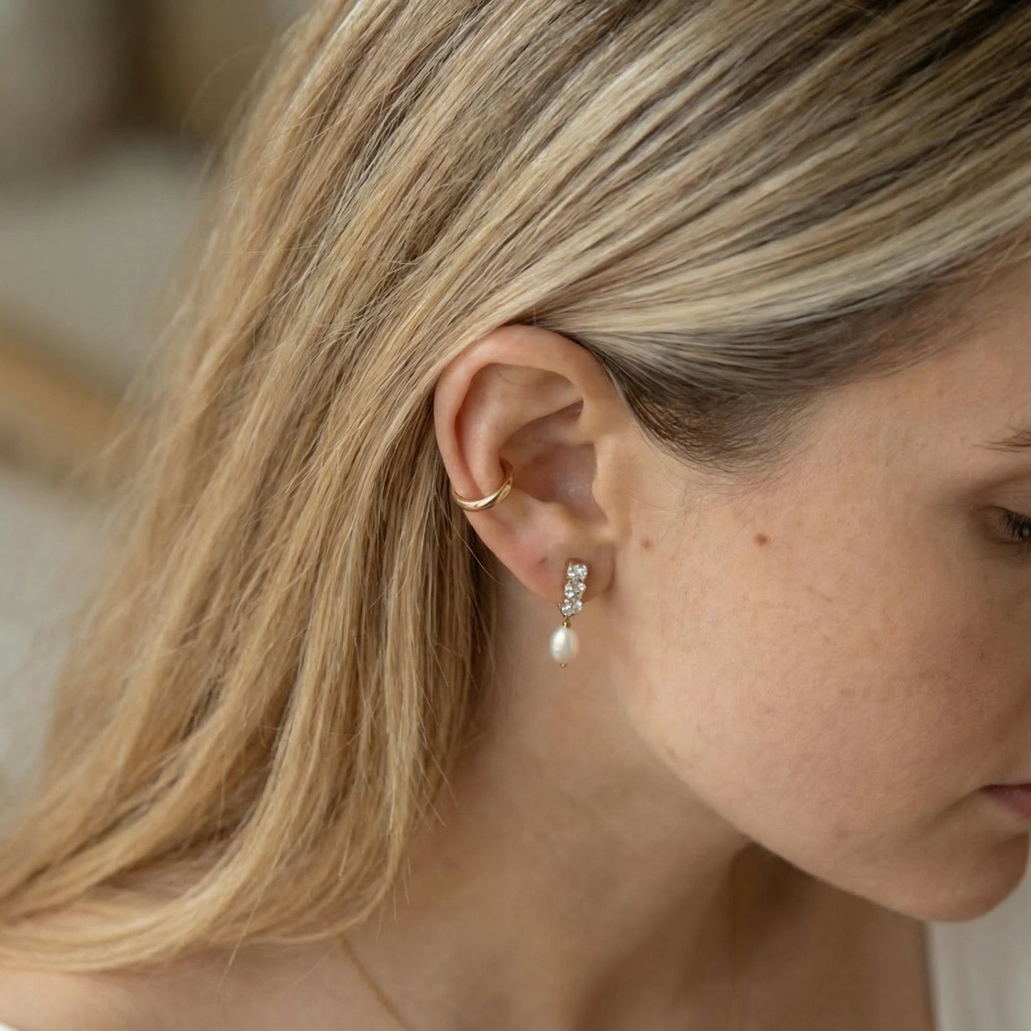 Triple Crystal Pearl Drop Earrings - 18K Gold Plated - Victoria