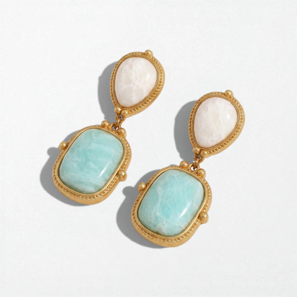 Pair of Calista vintage aqua drop earrings in 18K gold-plated waterproof stainless steel, a white stone above an aqua stone
