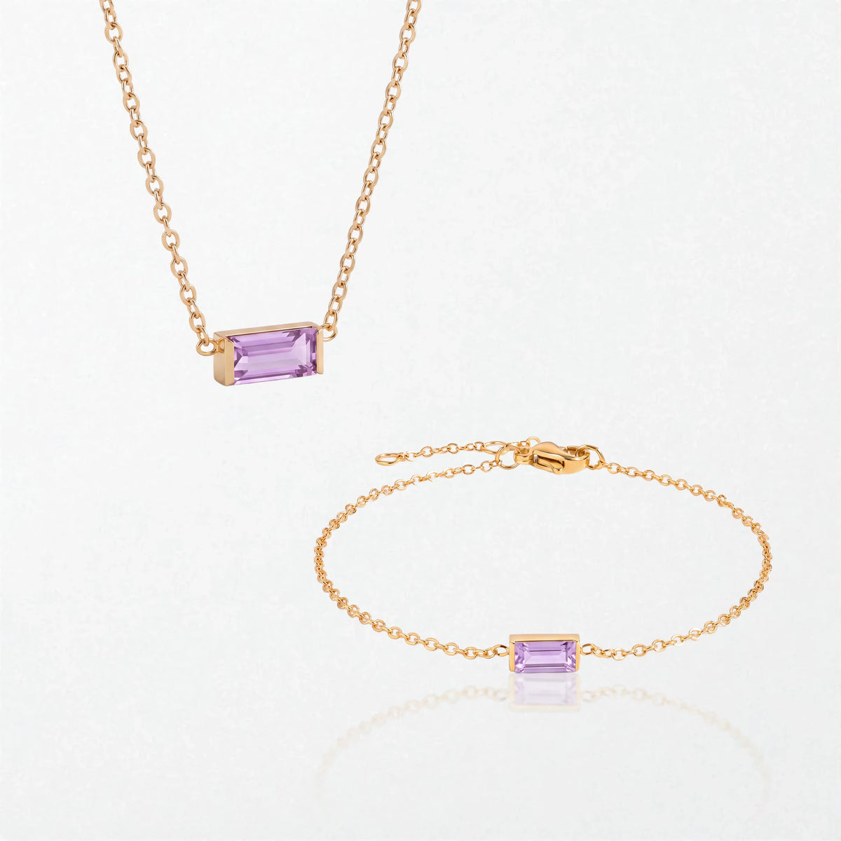 The Juno birthstone set for June: matching necklace and bracelet with lavender purple baguette stones, in 14K gold-plated waterproof stainless steel