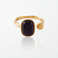Odile vintage open ring in 18K gold-plated waterproof stainless steel, set with a rectangular natural black obsidian stone