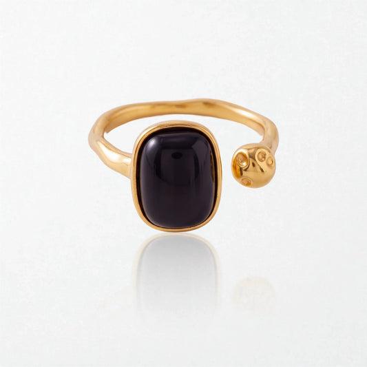 Odile vintage open ring in 18K gold-plated waterproof stainless steel, set with a rectangular natural black obsidian stone