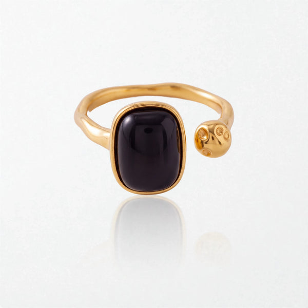 Odile vintage open ring in 18K gold-plated waterproof stainless steel, set with a rectangular natural black obsidian stone