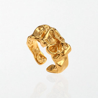 Maeve chunky molten ring in 18K gold-plated waterproof stainless steel, a wide open band with a crumpled, melted texture