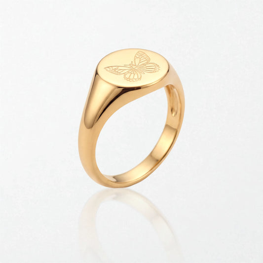 Engraved Butterfly Signet Ring - 18K Gold Plated - Harriet