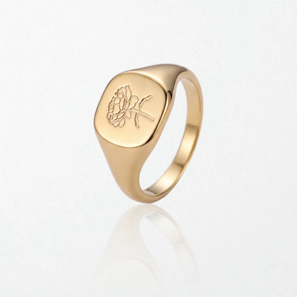 Engraved Flower Signet Ring - 18K Gold Plated - Rosalind