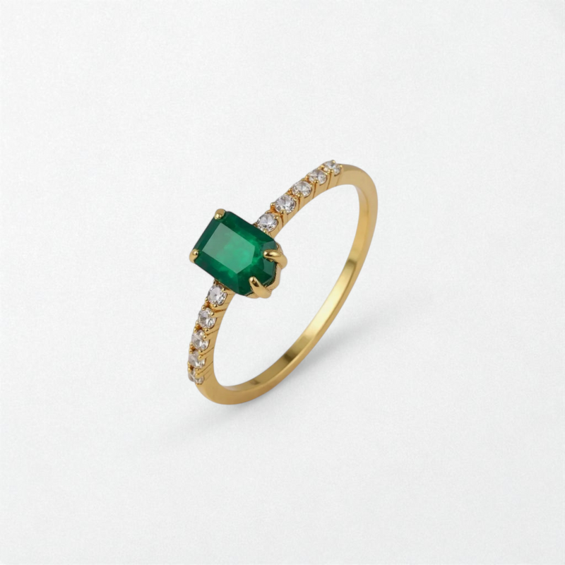 14k gold plated ring with a green agate gemstone on a white background