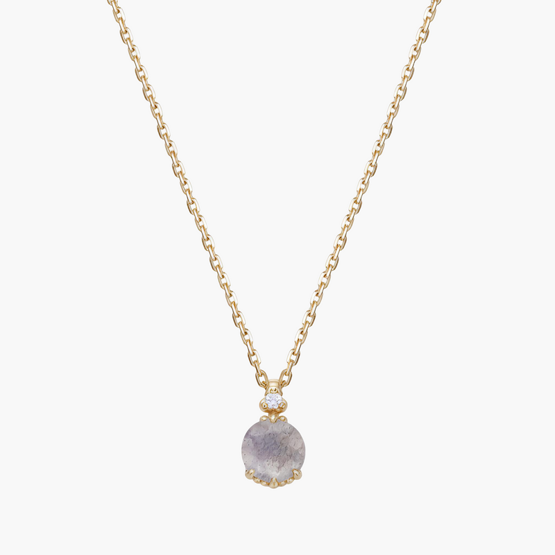 Necklace with a round labradorite pendant on a gold chain against a white background


