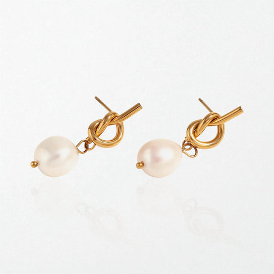 Intertwined Knot Pearl Drop Earrings - 18K Gold Plated - Maja