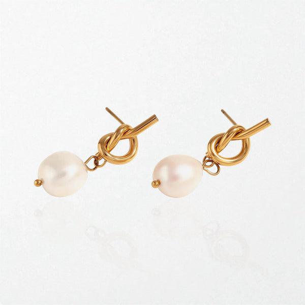 Intertwined Knot Pearl Drop Earrings - 18K Gold Plated - Maja