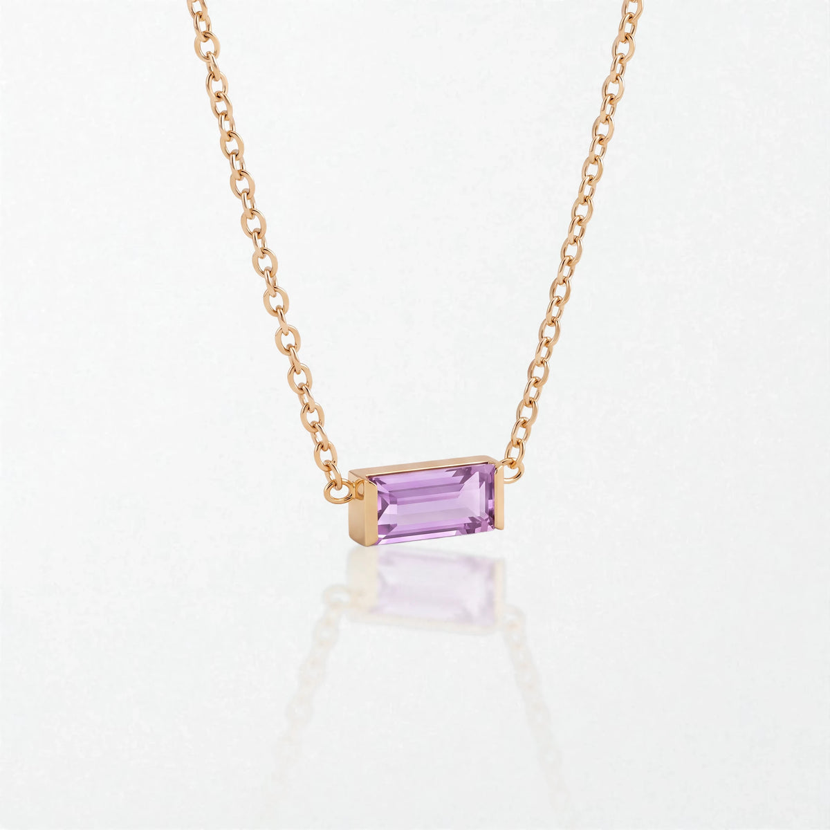 Juno birthstone necklace in 14K gold-plated waterproof stainless steel with a small baguette lavender purple stone for June