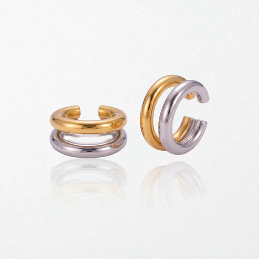 Roxanne mixed metal ear cuffs seen from the side, showing the stacked gold and silver bands