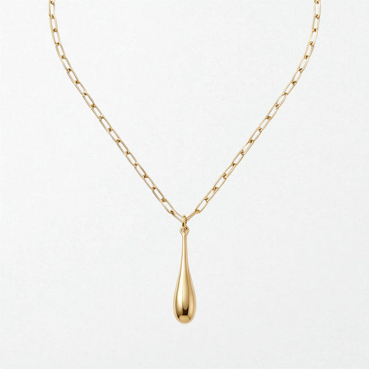 Gold teardrop pendant necklace on white background showing 55.0cm chain