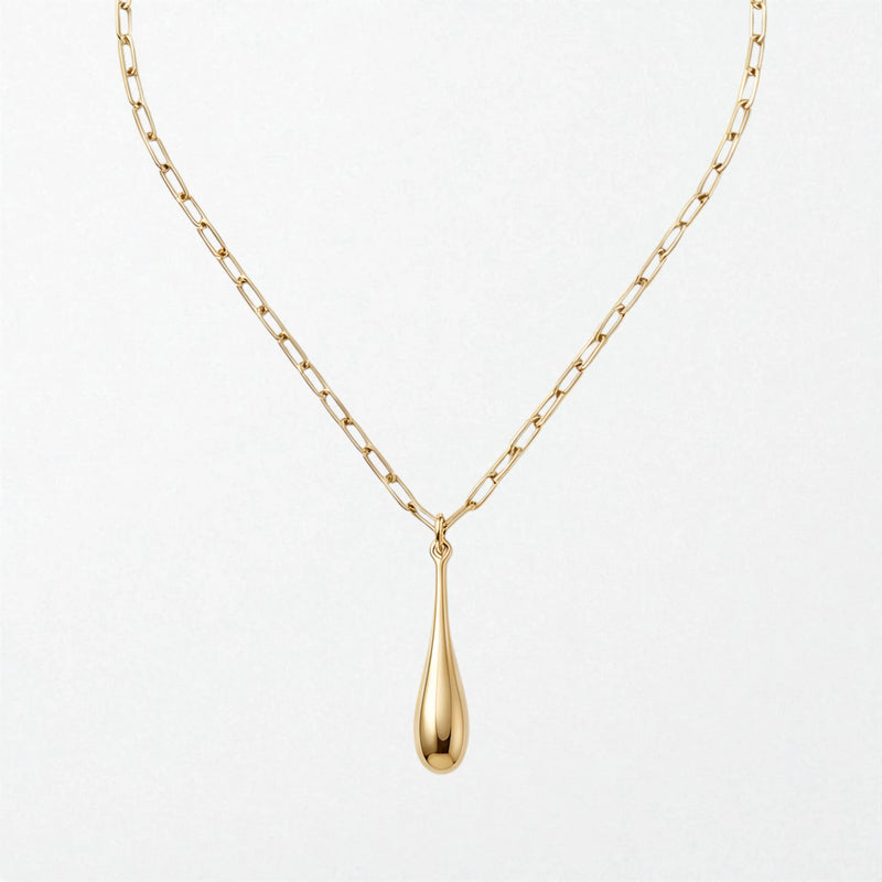 Gold teardrop pendant necklace on white background showing 55.0cm chain