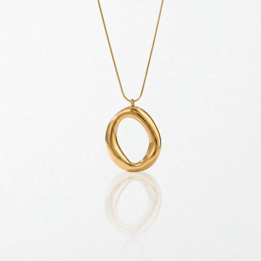 Mila molten open oval pendant necklace in 18K gold-plated waterproof stainless steel, a glossy open oval on a fine snake chain