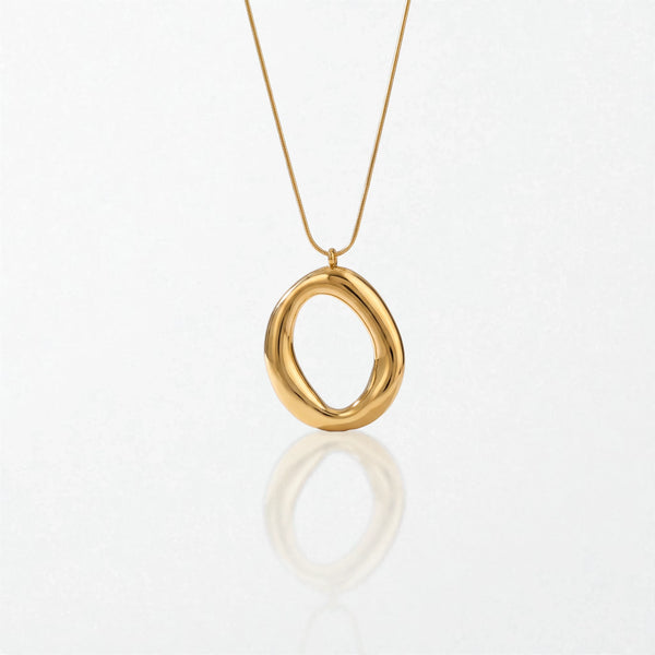 Mila molten open oval pendant necklace in 18K gold-plated waterproof stainless steel, a glossy open oval on a fine snake chain