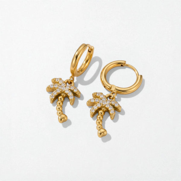 Pavé Palm Tree Drop Hoops - 18K Gold Plated - Delphine