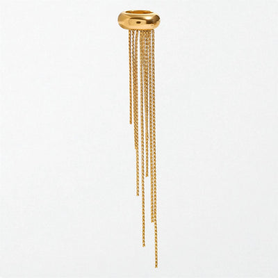 Amara sculptural waterfall cuff earring in 18K gold-plated waterproof stainless steel, a plain cuff with long cascading chains