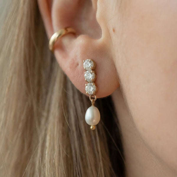 Triple Crystal Pearl Drop Earrings - 18K Gold Plated - Victoria