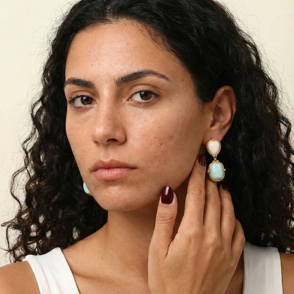 Vintage Aqua Drop Earrings - 18K Gold Plated - Calista