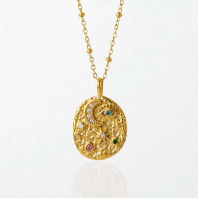 Lyra vintage celestial texture pendant necklace in 18K gold finish