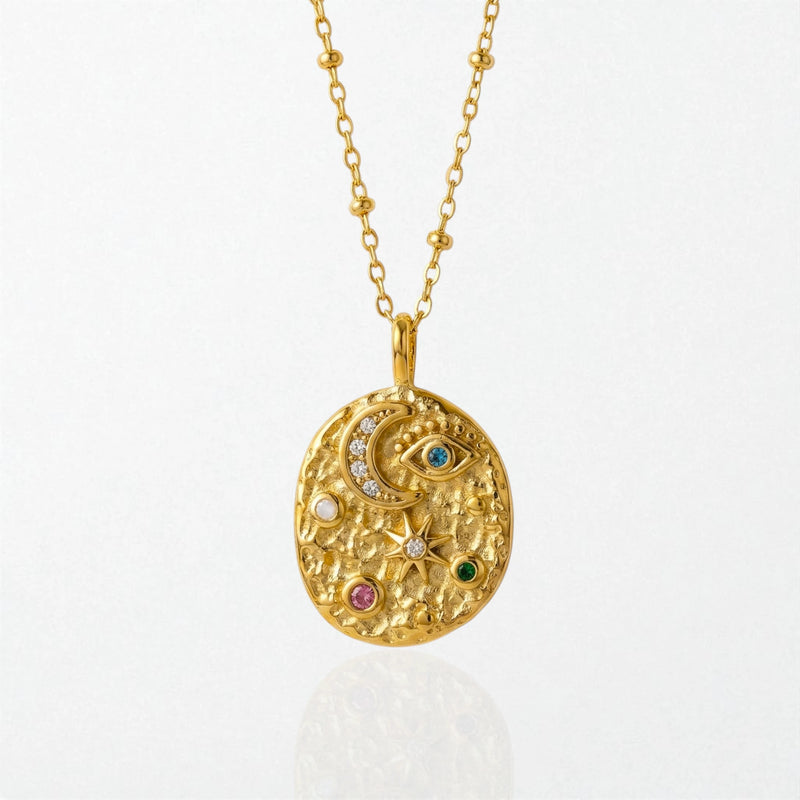 Vintage Celestial Texture Pendant Necklace - 18K Gold Plated - Lyra