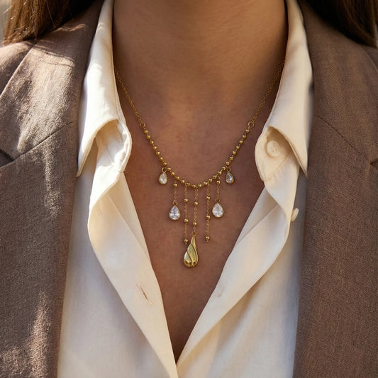 Vintage Crystal Droplet Fringe Necklace - 18K Gold Plated - Elara