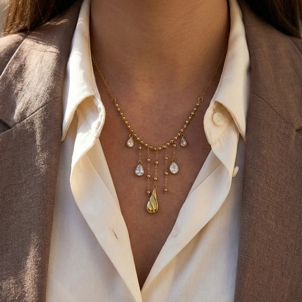Vintage Crystal Droplet Fringe Necklace - 18K Gold Plated - Elara