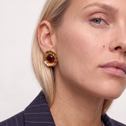 Vintage Hammered Amber Stud Earrings - 18K Gold Plated - Naomi