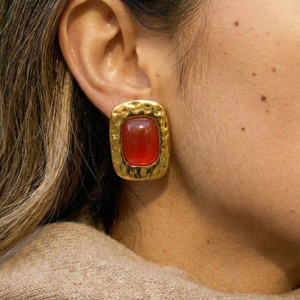 Vintage Red Stone Statement Studs - 18K Gold Plated - Florence